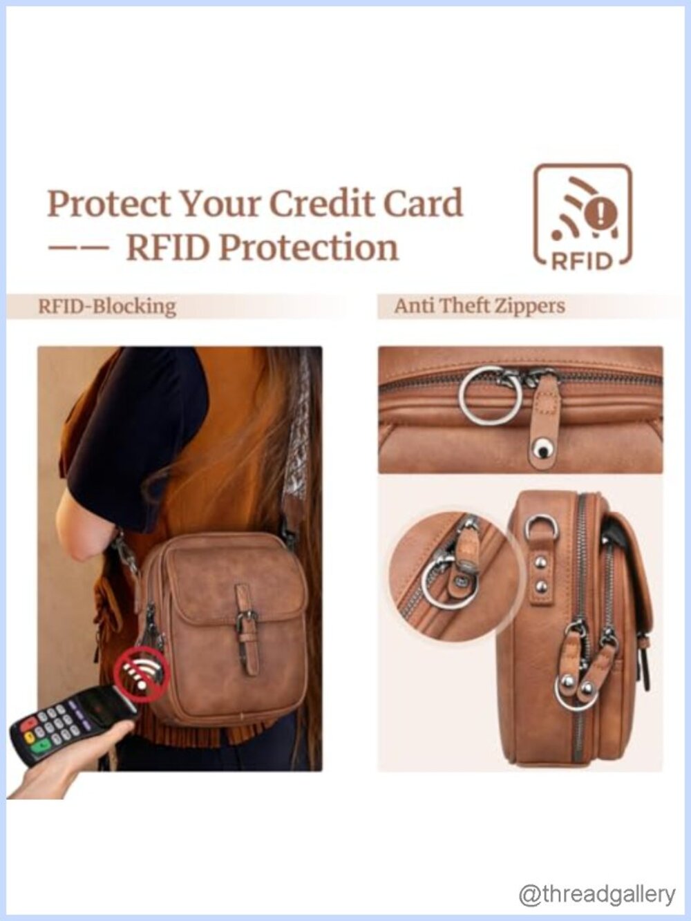 Leather Crossbody Bag Small Anti Theft Messenger Purse RFID - Picture 3 of 6